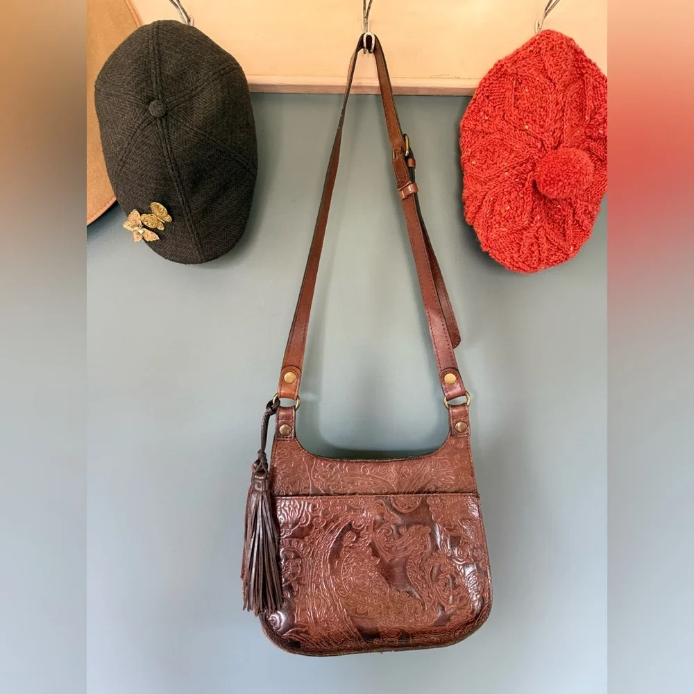 Patricia Nash Tooling Italian Leather Crossbody saddle bag purse - Picture 5 of 13